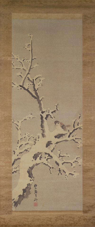 Passero su un albero in una tempesta di neve, c.1800 da Kishi Ganku